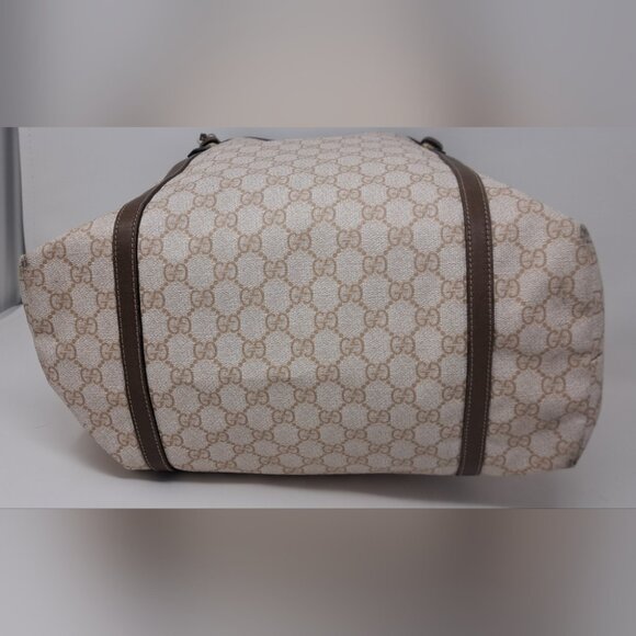 Gucci Women's Bag Tote Satchel Beige Monogram Leather Trim PVC 11.5 x 14.5 - Picture 8 of 16